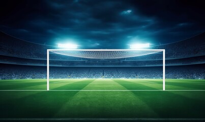 football stadium penalty spot view with empty goal and cheering fans on background. digital 3d illus