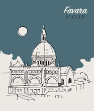 Drawing Sketch Illustration Of The Church Of Our Lady Of Assumption In Favara, Sicily, Italy