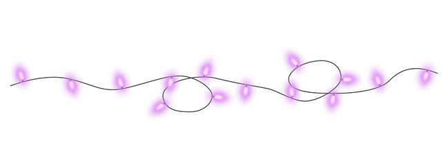 Purple christmas glowing garland. Christmas lights. Colorful Christmas garland. The light bulbs on the wires are insulated. PNG.