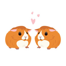 Simple Flat Illustration Of Red Cute Little Guinea Pigs In Love On A White Background Isolate, Valentine's Day Card