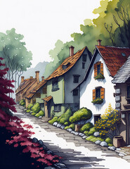 Old village watercolor illustration, AI Generative illustration