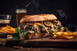 Grilled beef sandwich with cheese and mushrooms, served with potato chips. Generative AI.