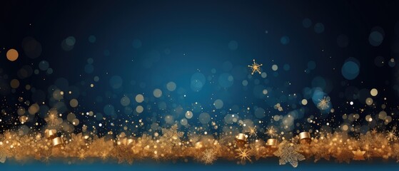 Abstract christmas illustration, gold wavy shapes and particles on blue background, ai generated