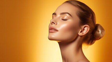 Beauty shot of a female model with perfect retouched skin against golden background, bronze skin tone, cosmetics skincare banner