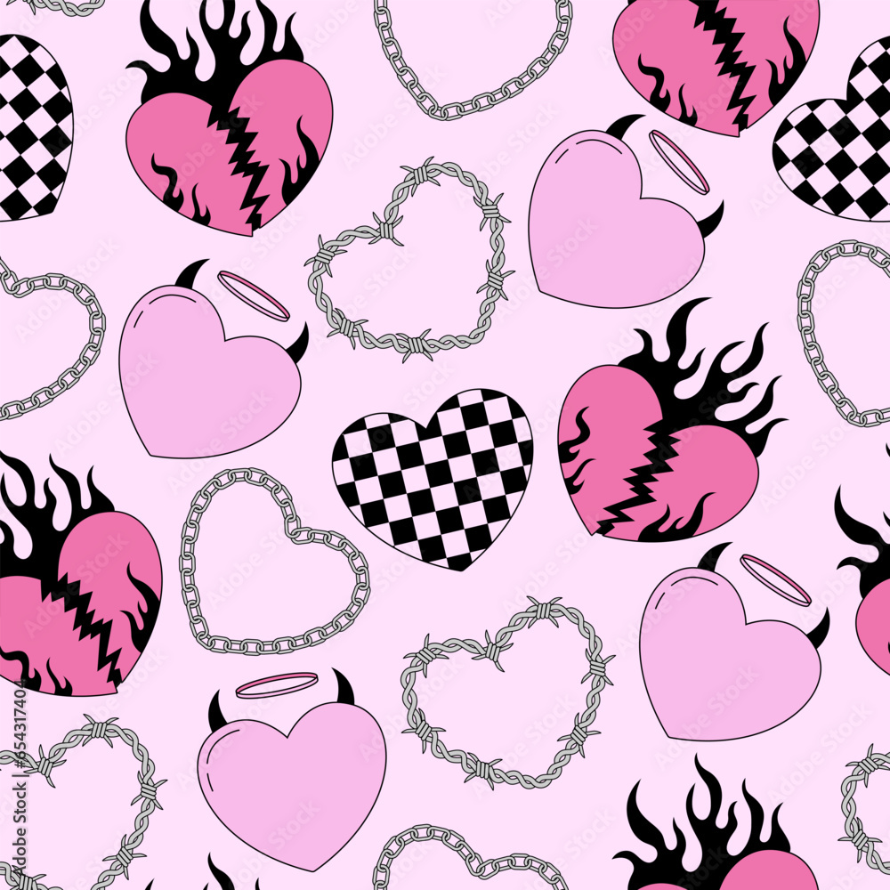 Seamless vector patern with black, pink, checkered, barbed wire ...