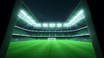 Wall Mural - Entrance tunnel leading to illuminated universal stadium with green grass and full of fans. Glowing stadium lights in 4k video background, Generative AI