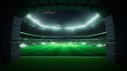 Wall Mural - Entrance tunnel leading to illuminated universal stadium with green grass and full of fans. Glowing stadium lights in 4k video background, Generative AI