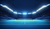 Blue tennis court and illuminated indoor arena with fans, player front view, professional tennis sport 3d illustration background, Generative AI