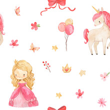Watercolor Seamless Pattern Pink Flower Illustration For Kids Princess