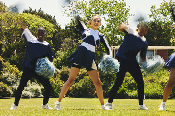 Poster - Portrait, teamwork and a cheerleader group of young people outdoor for a training routine or sports event. Smile, support and motion blur with a happy cheer squad on a field together for support