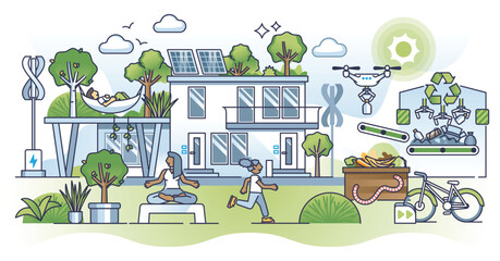 Wall Mural - Green urban infrastructure and sustainable living community outline concept. Environmental society with healthy residential area vector illustration. Alternative energy and effective waste management