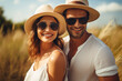 © Tetiana - Picture image of a cheerful happy sweet couple enjoying summer walk in the field outdoors generative AI concept