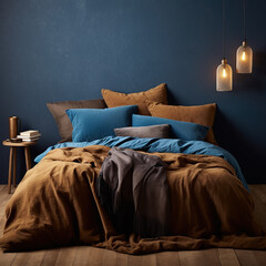 Wall Mural - Cozy bedroom interior with a bed next to a dark blue wall, two frosted glass pendant lamps, a wooden coffee table with decor, bedding in deep blue rich terracotta and cool brown colors