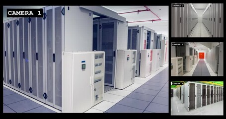 Wall Mural - four security camera views of business computer server room interiors, slow motion