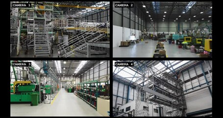Wall Mural - four security camera views of industrial warehouse and factory interiors, slow motion