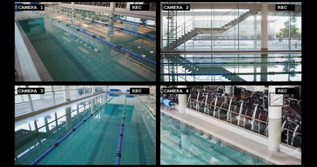 Wall Mural - four security camera views of large swimming pool sports facility interiors, slow motion