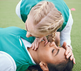 Poster - First aid, breathing and emergency with a hockey player on a field to save a player on her team after an accident. Fitness, cpr and heart attack with a woman helping her friend on a field of grass