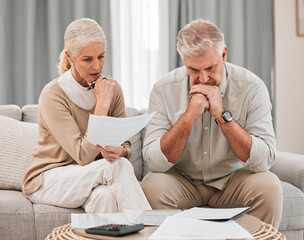 Poster - Man, woman and worried with documents for retirement, financial planning or budget. Mature, couple and family with paperwork, savings or calculating for future, discussion and together in living room