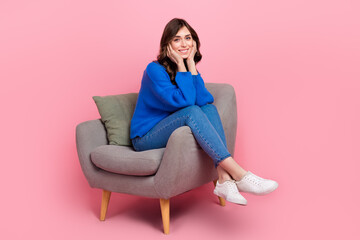 Sticker - Full body photo of peaceful gorgeous lady sit comfy soft chair arms touch cheekbones isolated on pink color background