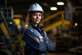 Fototapeta  - Portrait of a female engineer worker in the factory or distribution warehouse background with copy space.