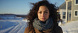 latina model with natural curls in a winter landscape