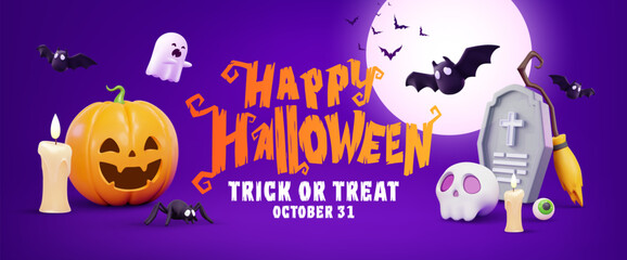 Wall Mural - Halloween Promotion Poster or banner template.Halloween night seen with big Moon, Pumpkin ghost,cute ghost,bat,cartoon skull and halloween elements. Website spooky or banner template