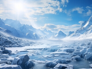 Wall Mural - Illustration of a landscape of rivers and mountains covered with ice and snow. On a sunny day and a blue sky.