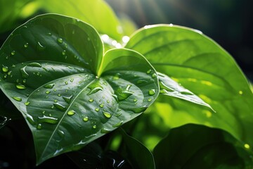 Canvas Print - A beautiful raindrop covered green leaf highlighted by the sun on a plant with expressive structure