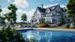 Large and pretty country house with swimming pool and flower garden in a sunny setting like American style