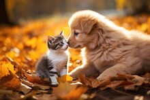 A Mixed Breed Puppy Kisses A Kitten Amid Fall Foliage