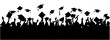 Crowd of graduates in mantles, throws up the square academic caps. Graduated student. Happy Graduation Activity Silhouettes. 