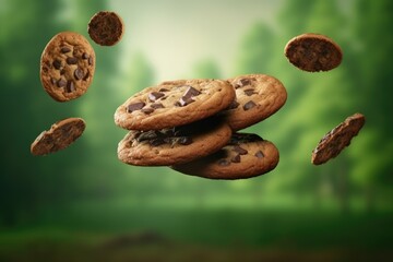 Poster - Aesthetic concept of chocolate biscuits flying on green background