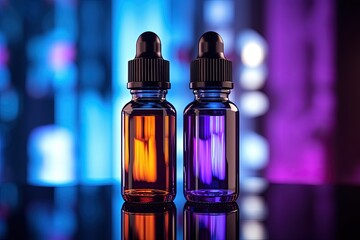 Poster - Amber glass bottle with black cap in neon blue and purple lighting Skin care products natural cosmetics Beauty concept for face and body care