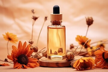 Poster - Amber glass dropper bottle with dry flowers and leaves on beige background representing natural and organic skincare products