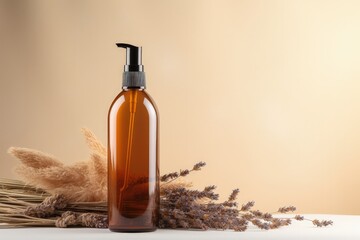 Poster - Amber glass spray bottle with label and dried flowers on podium against beige backdrop