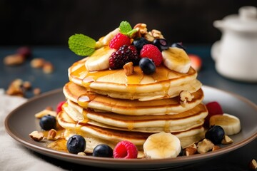 Sticker - American pancakes with nuts honey and fruits piled high on a white plate closeup shot