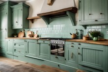 A conventional country kitchen with a huge range cooker with gas hob, duck egg green cupboards and wall cabinets, and a white ceramic sink