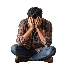 man with anxiety and scared emotion, serious and  sadness , on transparent and white background