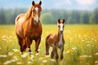 Beautiful foal with horse stud in a field