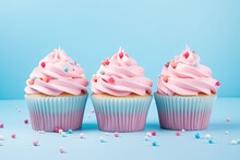 Assorted Cupcakes With Pink White And Blue Icing Flying Over A Blue Backdrop Perfect For Party Or Birthday