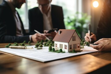 Wall Mural - Real estate agent or realtor signing mortgage agreement for new home with couple of happy young clients. Concept of home loan and buying own property. Close up of miniature house