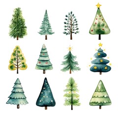 Wall Mural - Cute watercolor-style xmas trees on white background. Christmas trees in different green hues for minimalistic, seasonal greetings. Card, banner, social media.