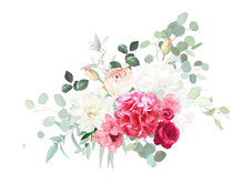 Trendy Magenta And Barbie Pink Color Vector Design Bouquet. Blush Pink Rose, White Dahlia, Hot Pink Hydrangea