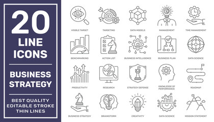 Business Growth, Business Intelligence and Strategy. Thin line vector icon set. Pixel perfect. Editable stroke. EPS 10