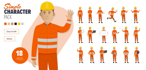 Wall Mural - Simple flat construction maintenance worker vector character in a set of multiple poses. Easy to edit and isolated on a white background. Modern trendy style character mega pack with lots of poses.