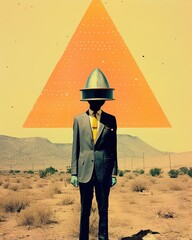 colorful vintage collage of a man in a suit with a robot head
