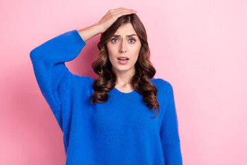 Poster - Photo of puzzled impressed lady wear blue stylish clothes arm touch head stupor panic bad news reaction isolated on pink color background