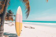Surf board on a dream beach in the sand with a palm and blue sea