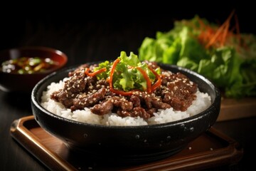 A striking composition highlighting a hot stone bowl filled with sizzling Beef Bulgogi, p atop a bed of shortgrain white rice, garnished with fresh lettuce leaves and a drizzle of aromatic