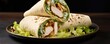 This tempting food shot captures the heartiness of a Chicken Caesar Wrap, featuring succulent grilled chicken strips coated in a zesty blend of herbs and es. Encased in a warm tortilla wrap,